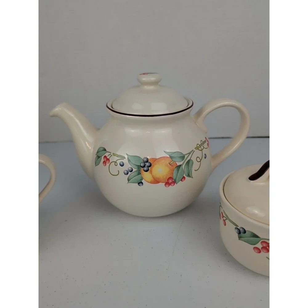 Vintage Corelle Coordinates Stoneware Teapot With Creamer & Sugar Bowl  Fruit